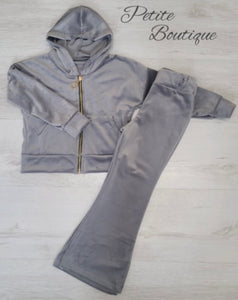 Grey angel velour tracksuit top & flare bottom set