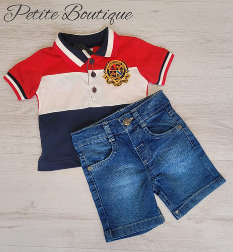 Boys red polo shirt & jean shorts set