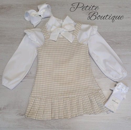 Girls shirt & beige pinafore dress set