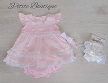 Load image into Gallery viewer, Pink/white smocked trio bow frilly dress, pants &amp; headband set
