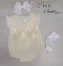 Load image into Gallery viewer, Spanish pastel lemon/white smock double bow romper