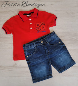 Boys red polo shirt & jean shorts set