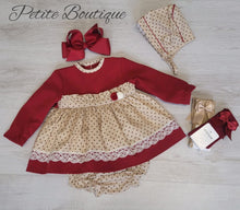 Load image into Gallery viewer, Spanish dark red/beige dress with matching pants &amp; bonnet