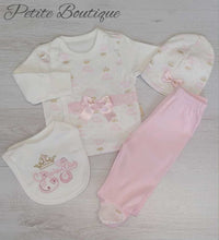 Load image into Gallery viewer, Pink princess 4pc set top with fold over mitts, bottoms, hat &amp; bib