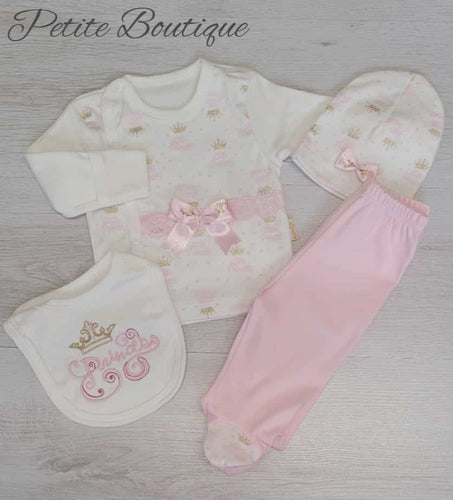 Pink princess 4pc set top with fold over mitts, bottoms, hat & bib