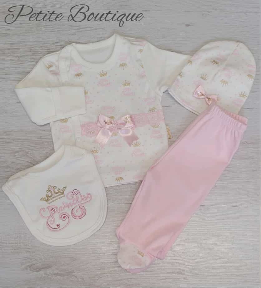 Pink princess 4pc set top with fold over mitts, bottoms, hat & bib