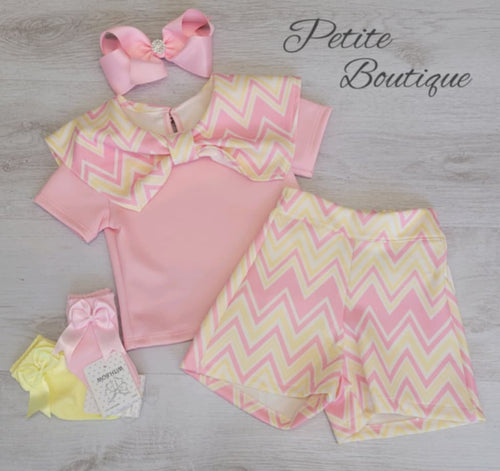 Pink/lemon bow top & short set