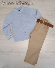 Load image into Gallery viewer, Boys blue shirt &amp; beige chinos set