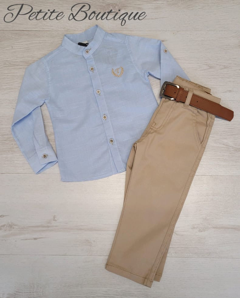 Boys blue shirt & beige chinos set