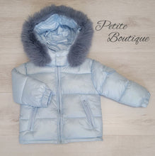 Load image into Gallery viewer, Light blue padded winter coat with faux fur trim hood