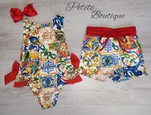Load image into Gallery viewer, Red double bow sicillian pattern swimsuit