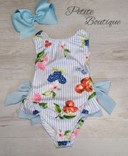 Load image into Gallery viewer, Blue double bow berry print swimsuit