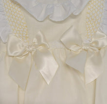 Load image into Gallery viewer, Spanish pastel lemon/white smock double bow romper