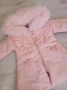Pink puffer coat with faux fur trim hood