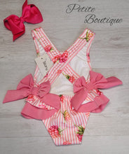 Load image into Gallery viewer, Pink double bow raspberry print swimsuit