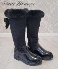 Load image into Gallery viewer, Black knee high boots with faux fur trim &amp; bow at the back