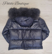 Load image into Gallery viewer, Navy blue padded winter coat with faux fur trim hood