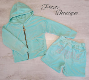 Mint green velour zip hoodie & short set