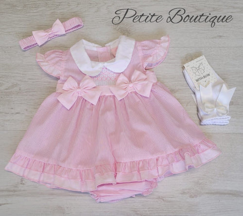 Pink/white stripe double bow smock dress, pants & headband