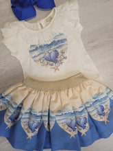 Load image into Gallery viewer, Blue/lemon shells top &amp; skirt set