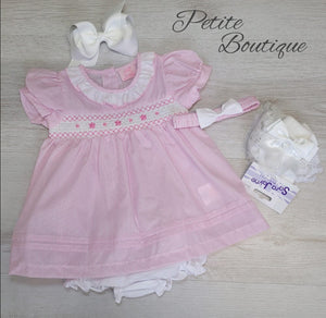 Pink/white stripe smock dress with matching pants & headband