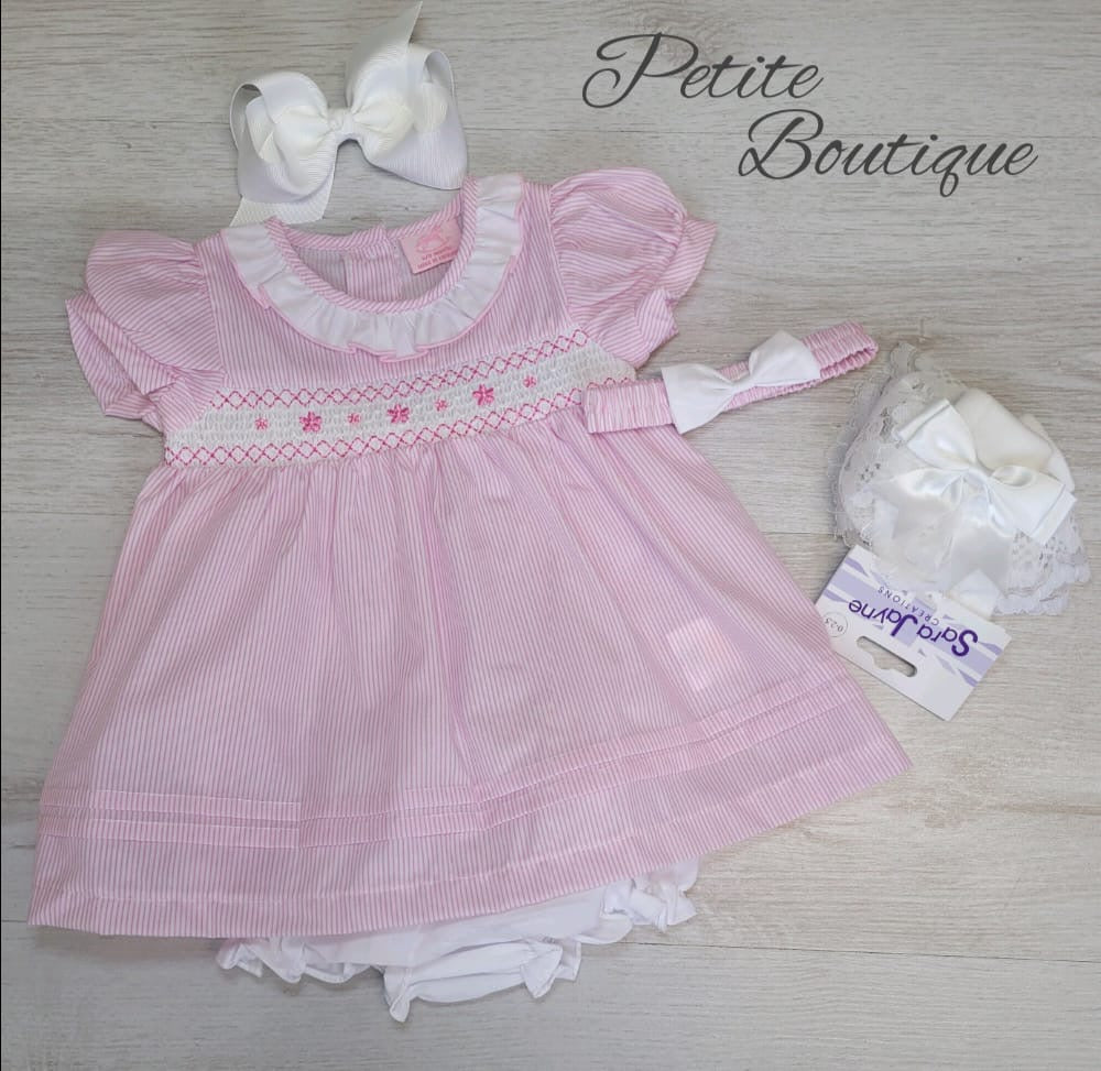 Pink/white stripe smock dress with matching pants & headband