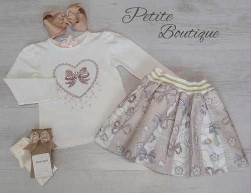 Beige bow top & skirt set