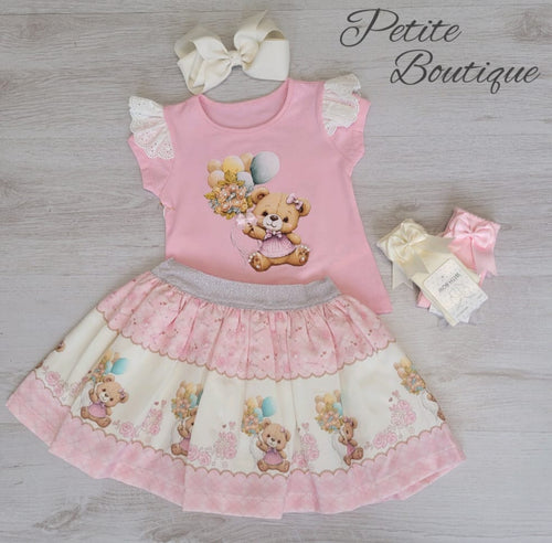 Pink/cream teddy bear top & skirt set