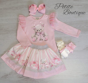 Pink double bow bear top & skirt set