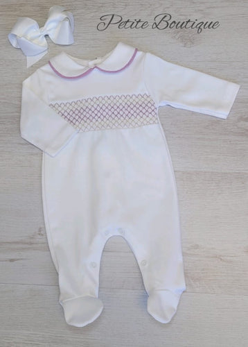 Spanish white/lilac smock cotton babygrow