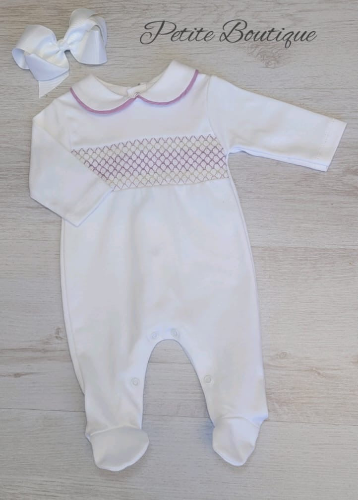 Spanish white/lilac smock cotton babygrow