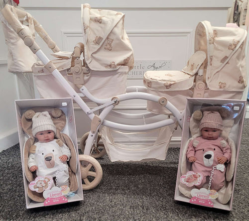 Roma teddy print twin dolls pram + twin doll bundle