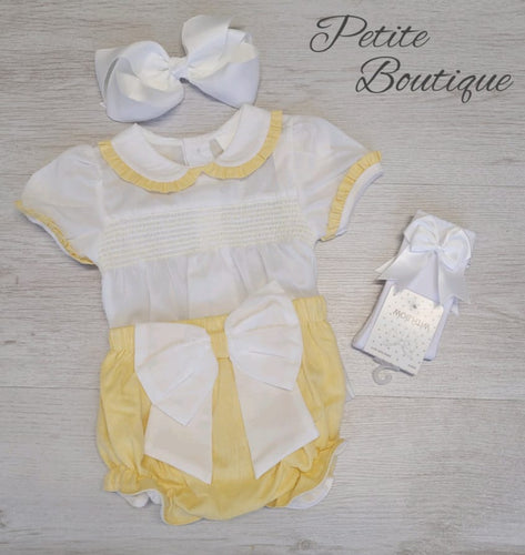 Spanish white/lemon smock shirt & bow jam pant set💛