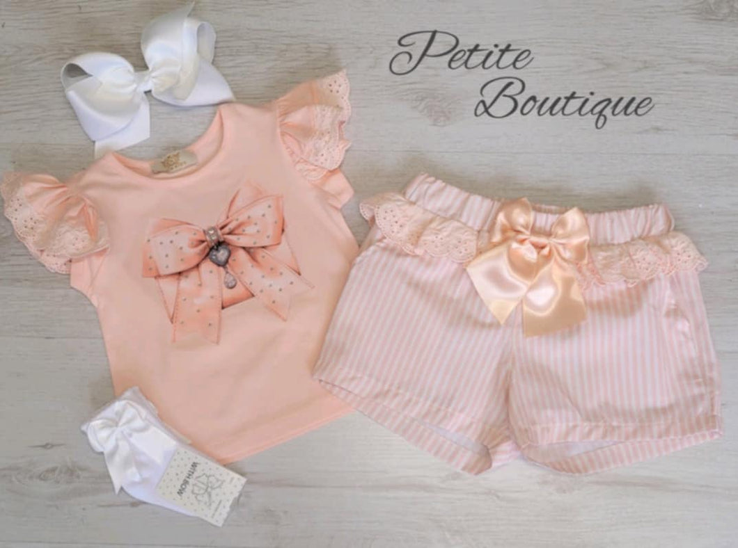 Peach bow short set