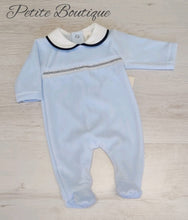 Load image into Gallery viewer, Spanish blue/navy velour babygrow