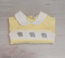 Load image into Gallery viewer, Lemon/white elephant smock babygrow &amp; hat