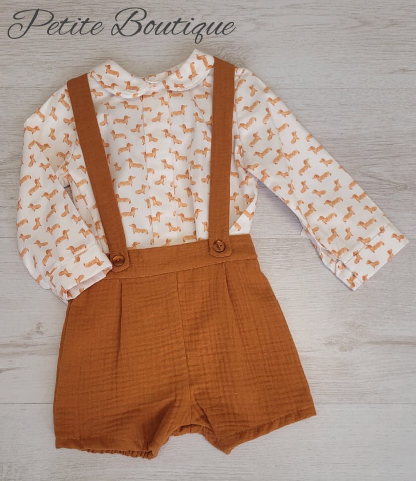 Spanish Dachshund print shirt & short braces set