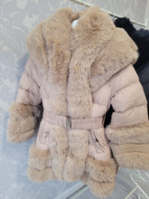 Load image into Gallery viewer, Beige faux fur trimmed coat with hood