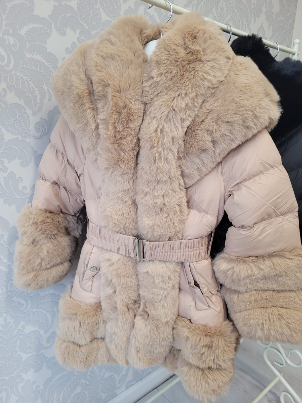 Beige faux fur trimmed coat with hood