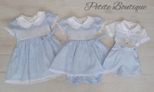 Load image into Gallery viewer, Blue/white check smocked shirt &amp; short set