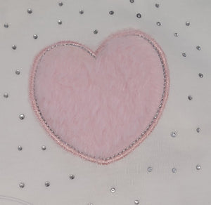 Ivory/pink faux fur heart diamanté all in one & hat set