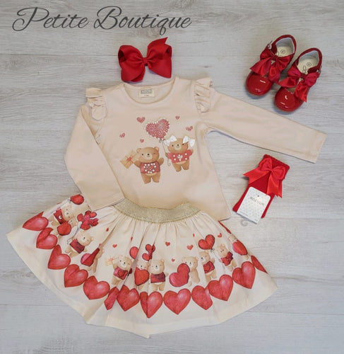 Camel/red hearts & bears top & skirt set♥️