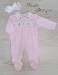 Pink robin smock babygrow