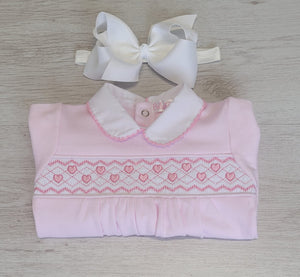 Pink/white heart smock cotton babygrow