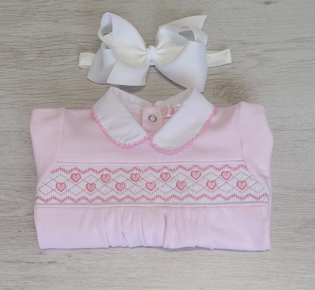 Pink/white heart smock cotton babygrow