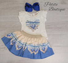 Load image into Gallery viewer, Blue/lemon shells top &amp; skirt set