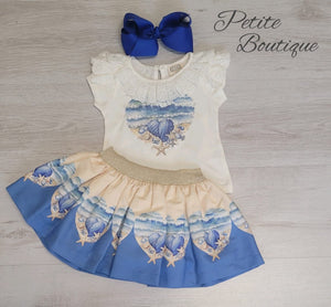 Blue/lemon shells top & skirt set