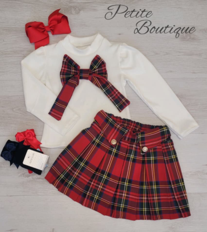 Red tartan bow top & skirt set