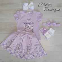 Load image into Gallery viewer, Lilac carousel top, skirt &amp; headband set