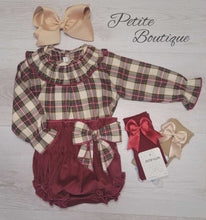 Load image into Gallery viewer, Calamaro Spanish burgundy check top &amp; bow jam pant set